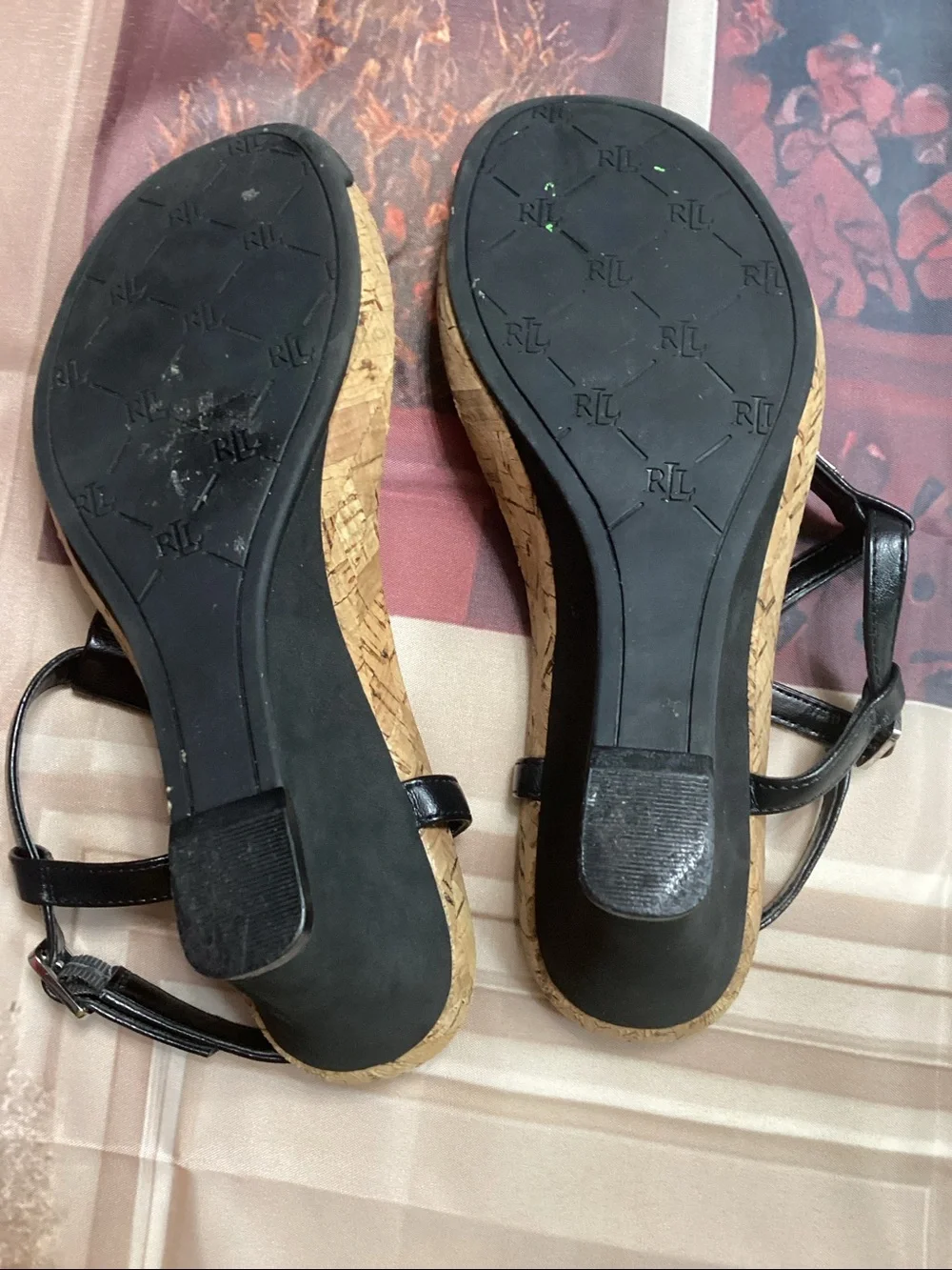 Ralph Lauren Black Cork Wedge Thong Sandals with Ankle Strap  Size not marked
